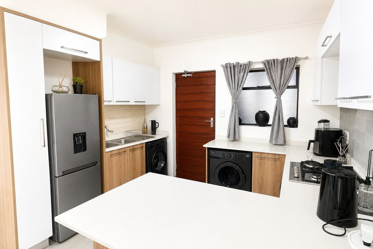 Modern kitchen featuring light wood and white cabinetry, stone countertops, gas hob, and integrated laundry facilities with a functional layout.