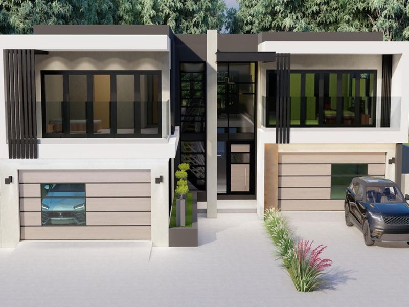 A modern double-story residential facade featuring a double garage, glass balustrades, and contemporary architectural design.