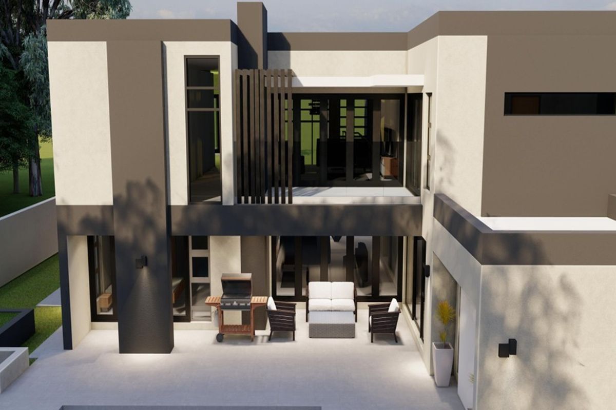 A modern two-story residential rear elevation featuring a paved patio, balcony, and contemporary architectural design with large glass sliding doors.