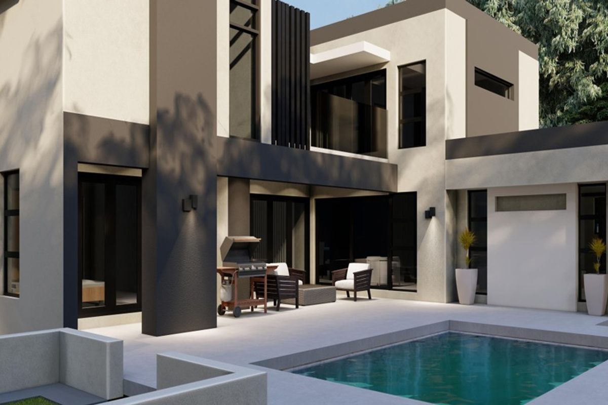 Modern architectural rear elevation featuring a swimming pool, covered patio area, and large glass sliding doors providing seamless indoor-outdoor flow.