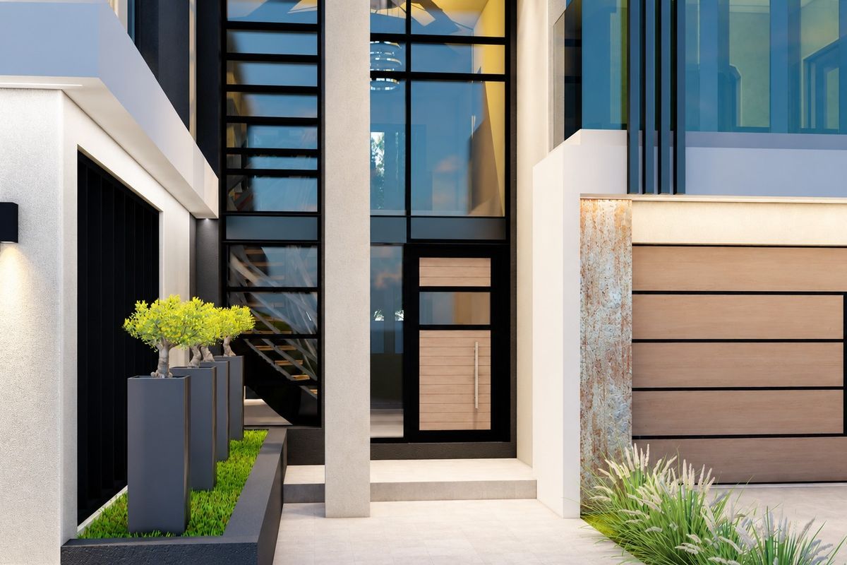 A modern front entrance featuring a contemporary door, floor-to-ceiling glass windows, stone cladding, and integrated planter boxes.
