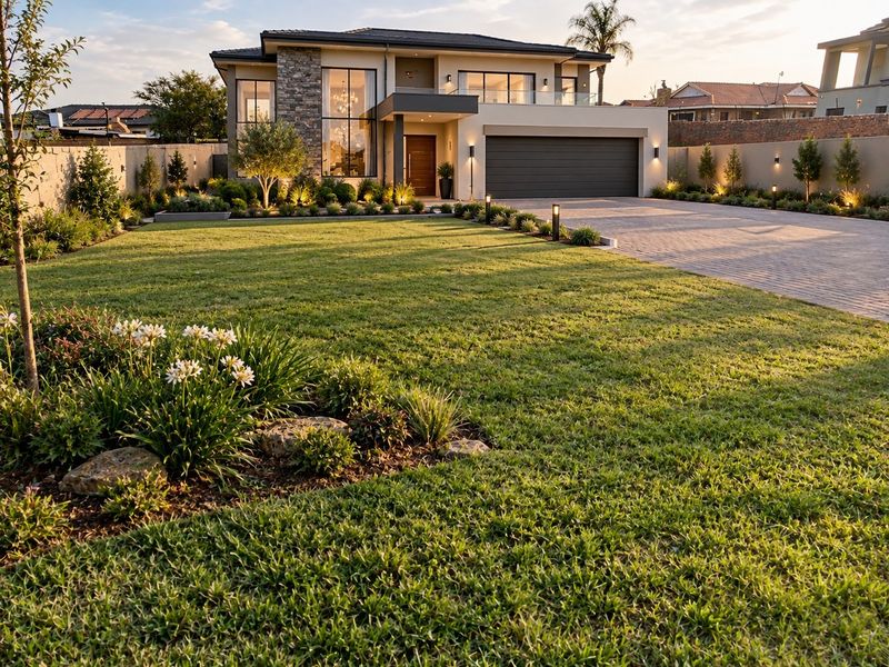 A modern double-story residential property featuring a paved driveway, manicured lawn, stone-accented facade, and a double garage.
