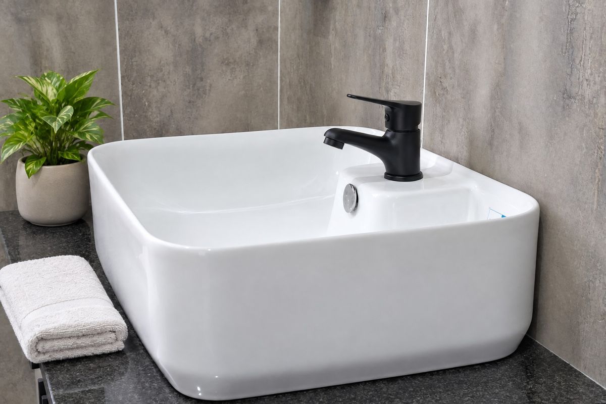 A modern bathroom vanity featuring a white countertop basin with a contemporary black mixer tap set against grey tiled walls.