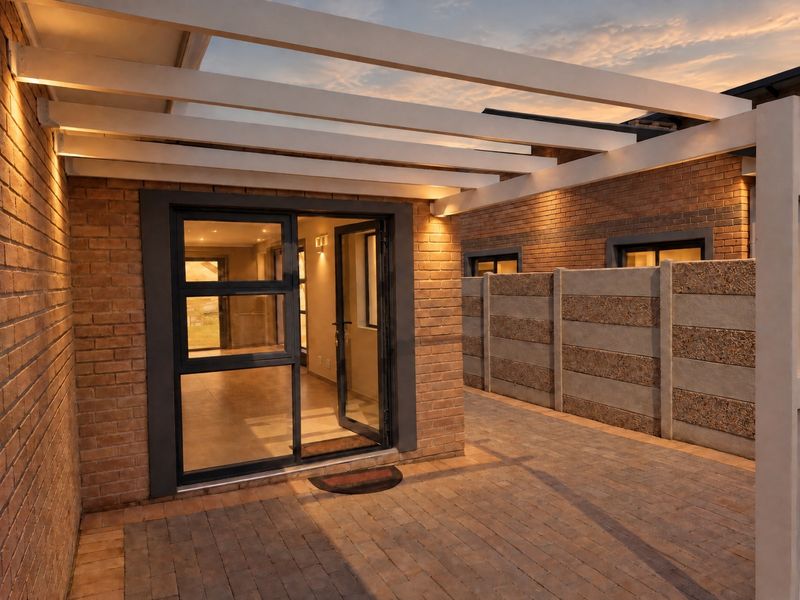 A well-maintained paved patio area featuring a modern pergola, exposed brickwork, and integrated wall lighting, providing a seamless transition to the interior living space.