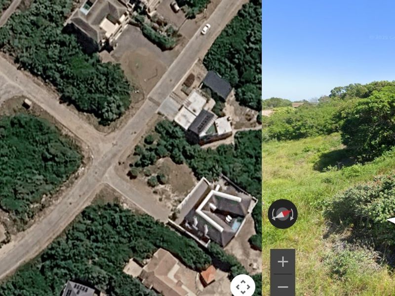 A split-view image showing an aerial map of a vacant residential plot alongside a ground-level view of the undeveloped, vegetated land.