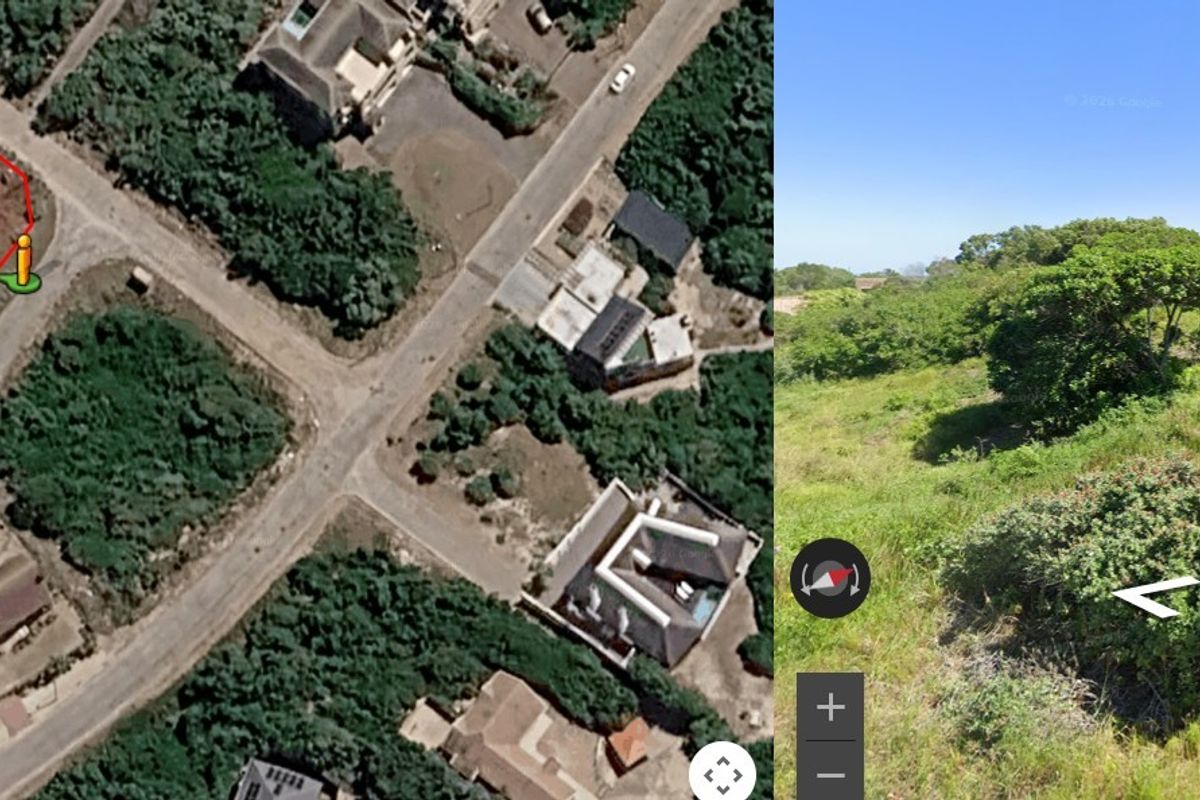 A split-view image showing an aerial map of a vacant residential plot alongside a ground-level view of the undeveloped, vegetated land.