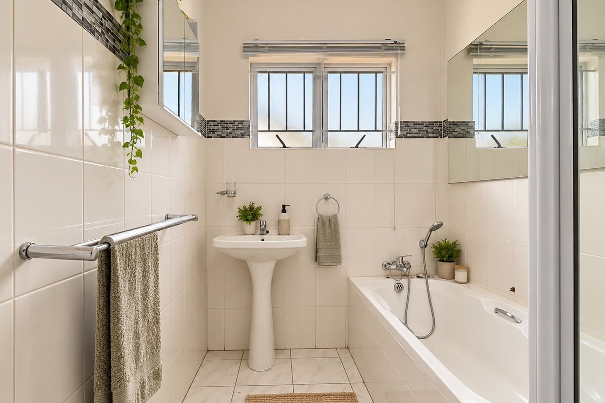 A clean and well-maintained bathroom featuring a pedestal basin, a bathtub with a handheld shower mixer, and neutral wall tiling with decorative accents.