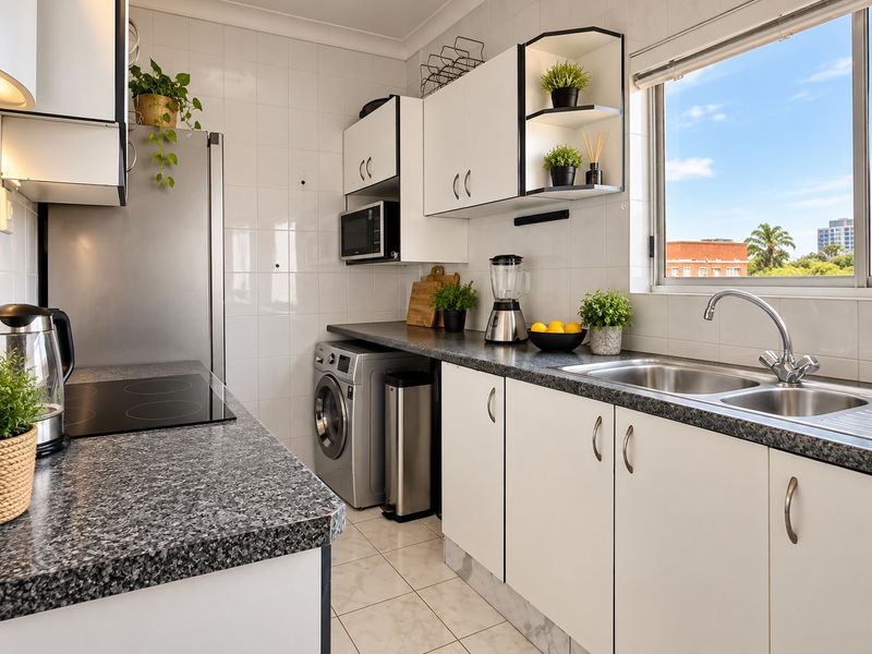 A functional kitchen featuring white cabinetry, laminate countertops, a stainless steel double sink, electric cooktop, and integrated laundry facilities with tiled finishes.