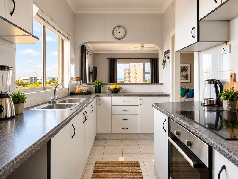 A well-maintained galley-style kitchen featuring white cabinetry, laminate countertops, integrated appliances, and a large window providing natural light and views.