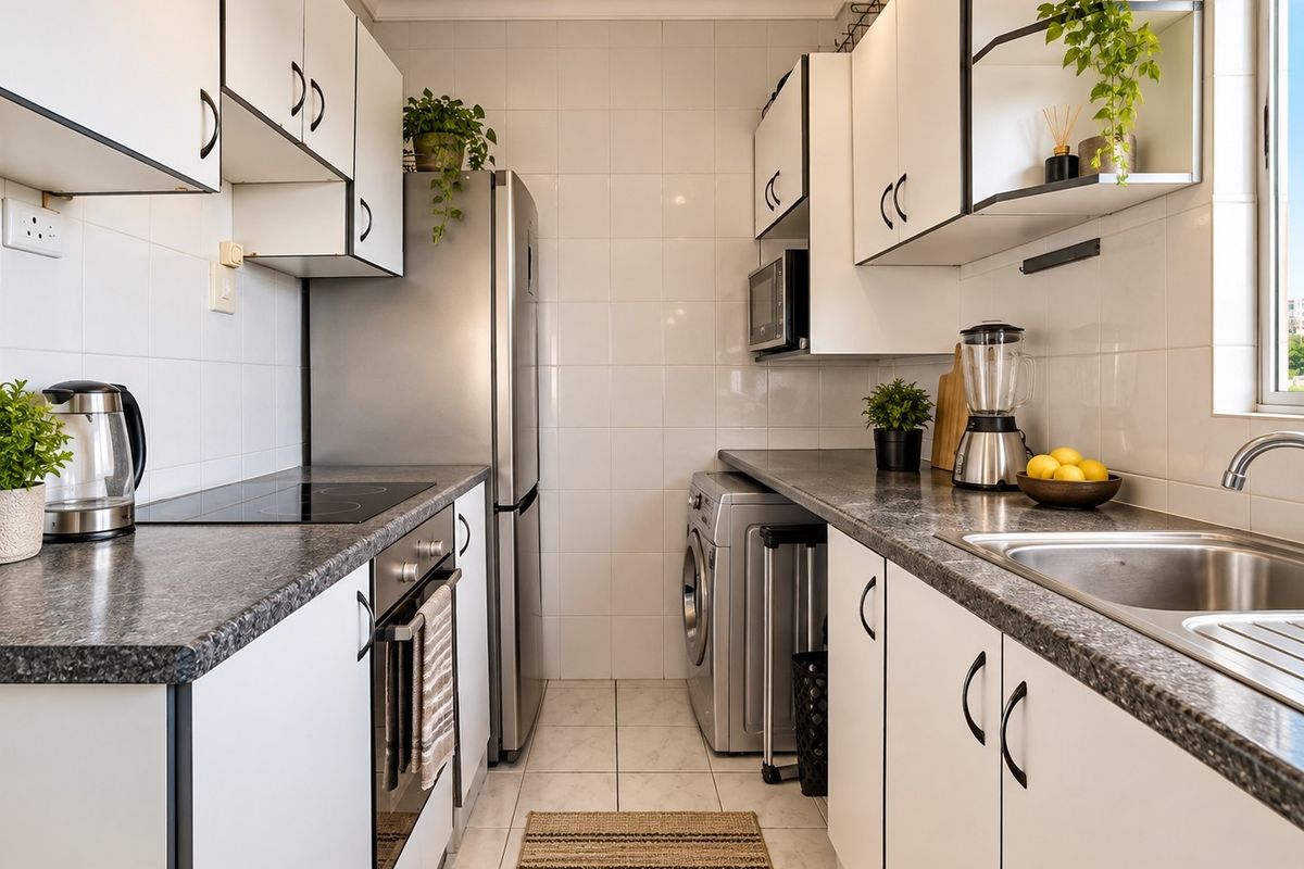 A compact, functional kitchen featuring white cabinetry, dark laminate countertops, tiled backsplash, and integrated appliances including an oven and hob.