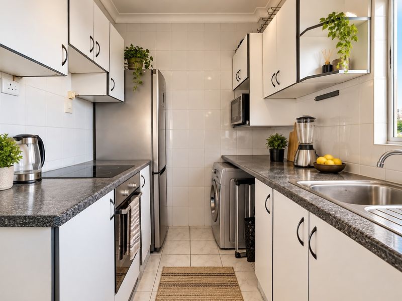 A compact, functional kitchen featuring white cabinetry, dark laminate countertops, tiled backsplash, and integrated appliances including an oven and hob.