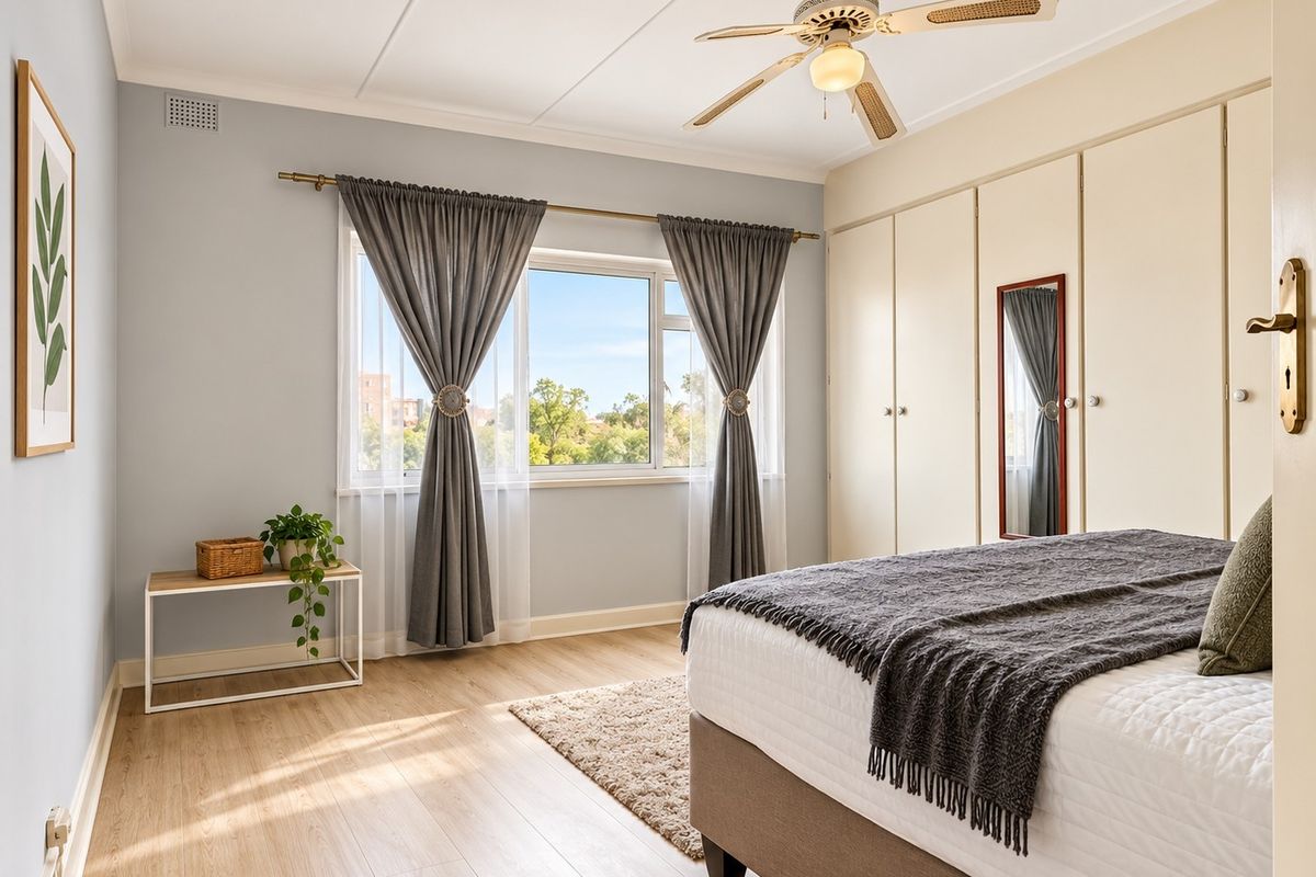 A well-lit bedroom featuring light laminate flooring, built-in cupboards, and a ceiling fan, offering a bright and comfortable living space.