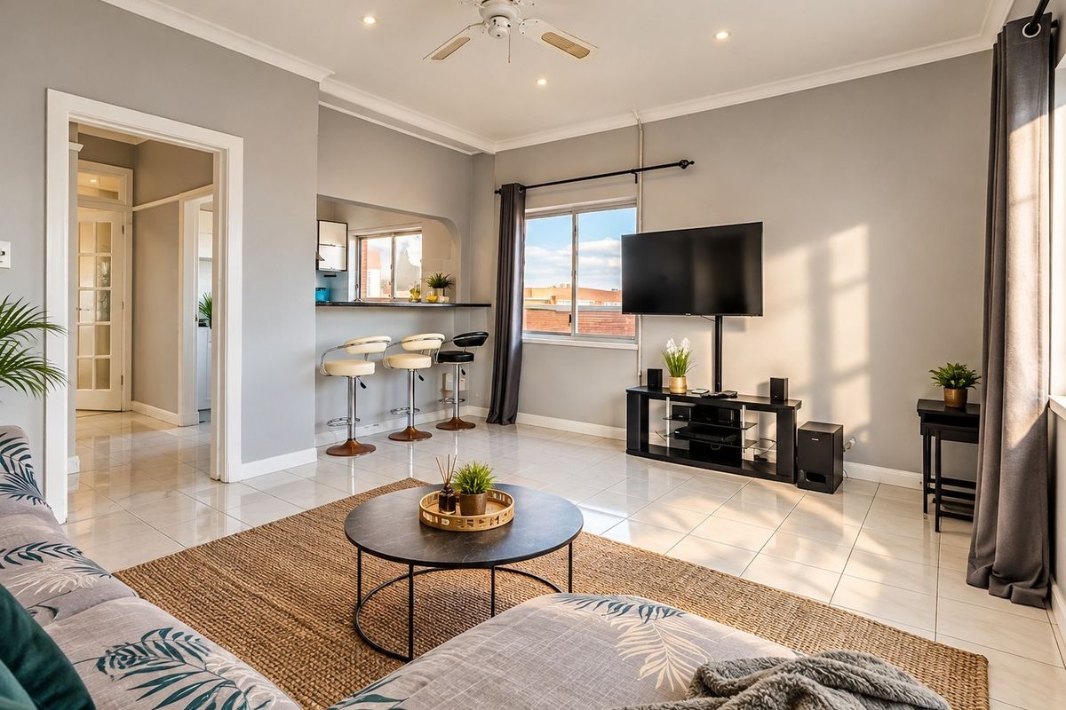 Bright and spacious living room featuring tiled flooring, recessed downlights, a ceiling fan, and a convenient breakfast bar pass-through to the kitchen area.