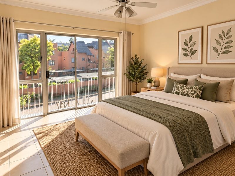 A bright and well-maintained bedroom featuring tiled flooring, a ceiling fan, and large sliding glass doors that open onto a balcony.