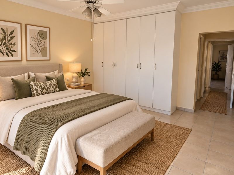 A well-maintained bedroom featuring neutral tones, built-in cupboards, tiled flooring, and a ceiling fan, offering a clean and comfortable living space.