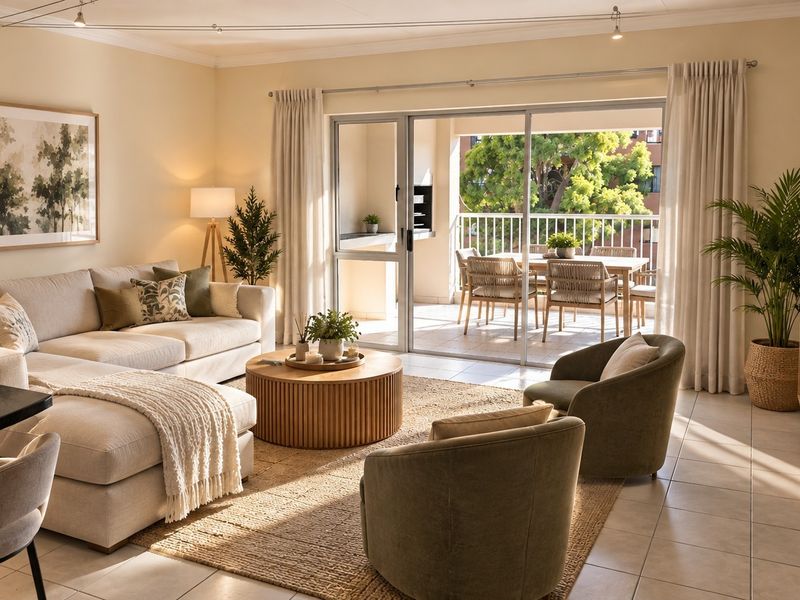 Bright open-plan living area featuring tiled floors, track lighting, and seamless access to a private balcony with a built-in braai.