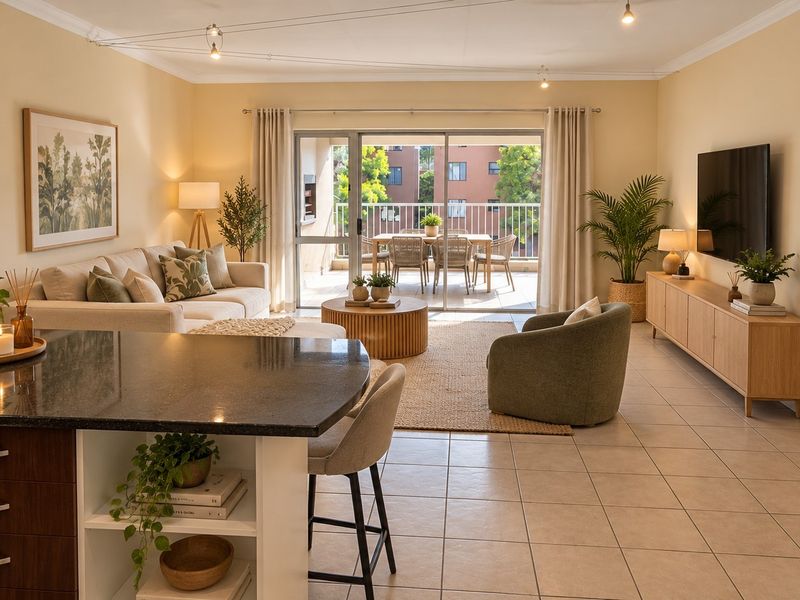 Spacious open-plan living area featuring a modern kitchen island, tiled floors, and seamless flow to an outdoor balcony through large sliding glass doors.