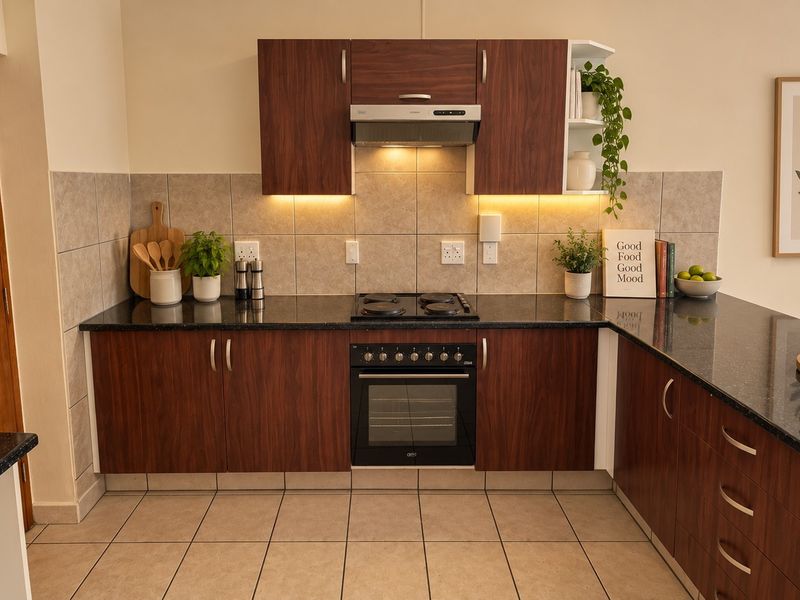 A well-maintained kitchen featuring dark wood cabinetry, granite countertops, a built-in oven, gas hob, and a tiled backsplash.