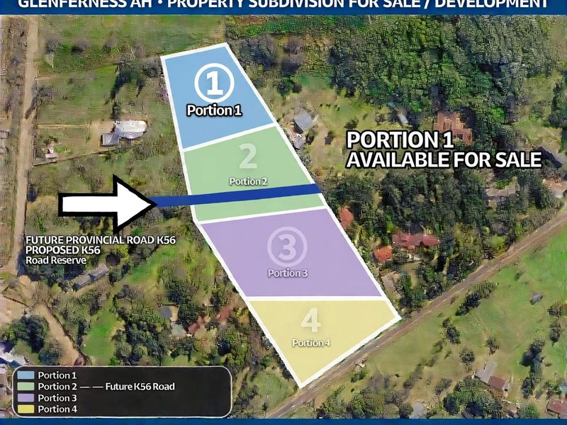 Aerial view of a residential land subdivision in Glenferness, Midrand, highlighting Portion 1 available for sale and the proposed future K56 road reserve.