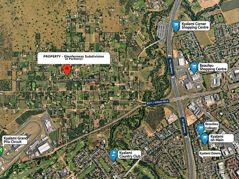 Aerial view showing the location of the Glenferness subdivision property in relation to local amenities, highways, and landmarks.