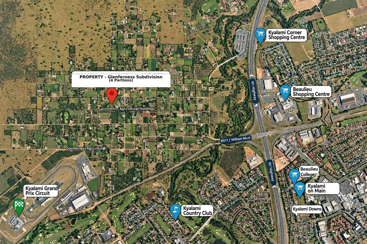 Aerial view showing the location of the Glenferness subdivision property in relation to local amenities, highways, and landmarks.