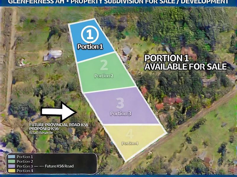 Aerial view showing a residential land subdivision in Glenferness, Midrand, highlighting Portion 1 available for sale and the proposed K56 road reserve.
