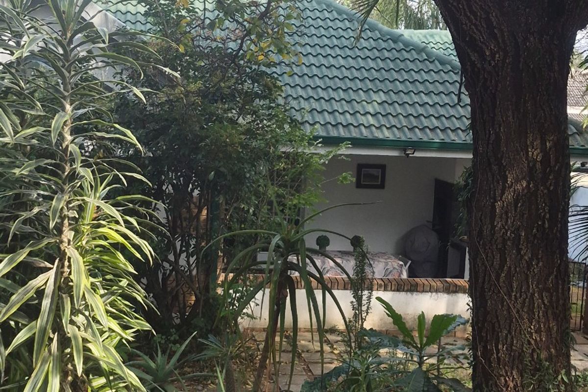 A view of the rear garden featuring a covered patio area with a tiled roof and established landscaping.