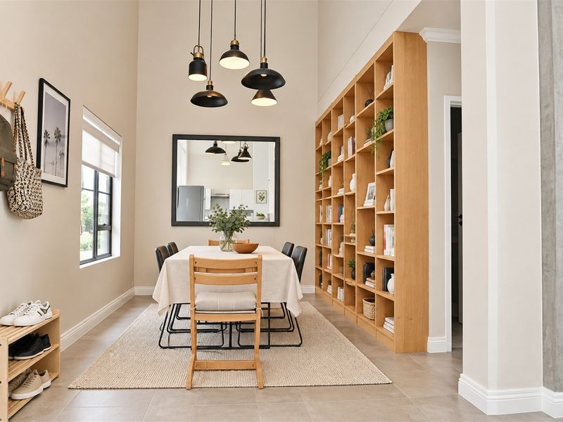 A bright and modern dining room featuring high ceilings, a large built-in wooden bookshelf, and contemporary pendant lighting.