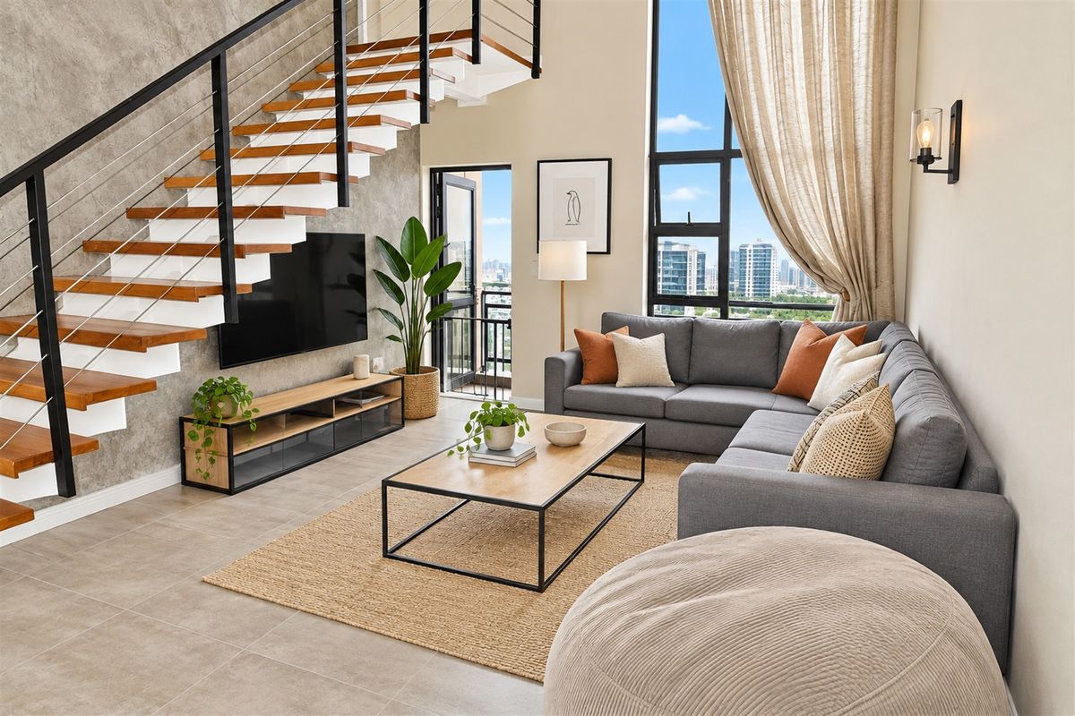 Modern double-volume living area featuring a striking floating staircase, large floor-to-ceiling windows with city views, and contemporary tiled flooring.