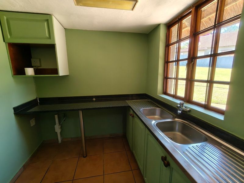A functional scullery area featuring double stainless steel sinks, granite countertops, built-in cabinetry, and large timber-framed windows overlooking the garden.