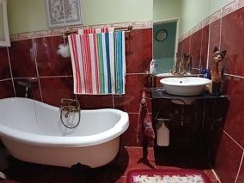 A bathroom featuring a freestanding bathtub, a vessel sink set on a vanity cabinet, and full-height red wall tiling.