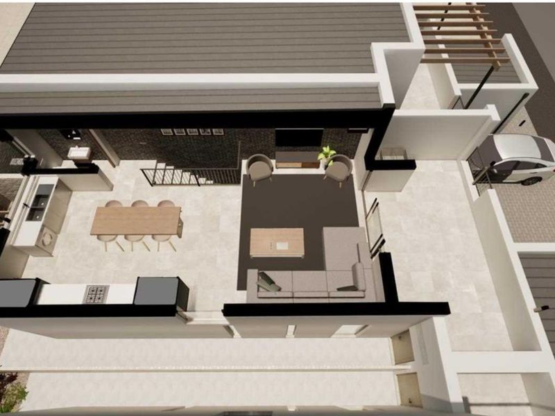 A 3D rendered floor plan showing an open-plan living, dining, and kitchen area with modern finishes and an outdoor pergola.