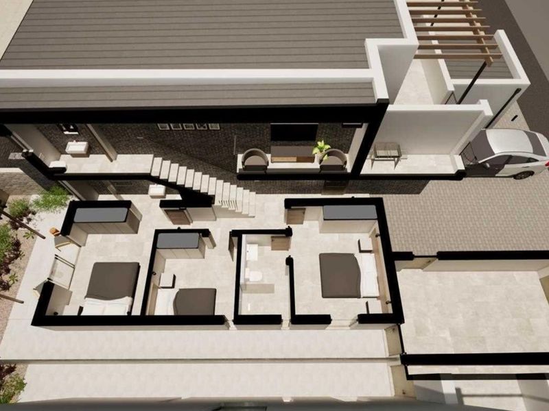An aerial 3D architectural rendering showing the layout of the house, including the roof structure, driveway, and outdoor pergola area.