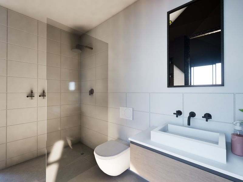 Modern bathroom featuring a walk-in shower with glass screen, wall-mounted toilet, floating vanity with vessel sink, and contemporary black matte fixtures.