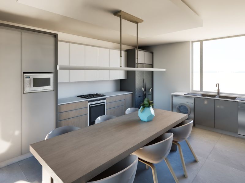 Modern open-plan kitchen featuring sleek cabinetry, integrated appliances, gas hob, and a central dining area with contemporary pendant lighting.