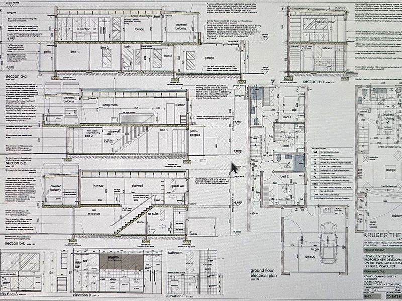 Architectural floor plans and cross-section diagrams detailing the layout, structural specifications, and electrical plan for the proposed residential development.