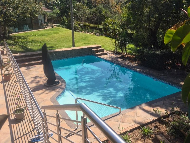 Outdoor pool area featuring a paved surround, stainless steel safety balustrades, and steps leading to a landscaped garden setting.