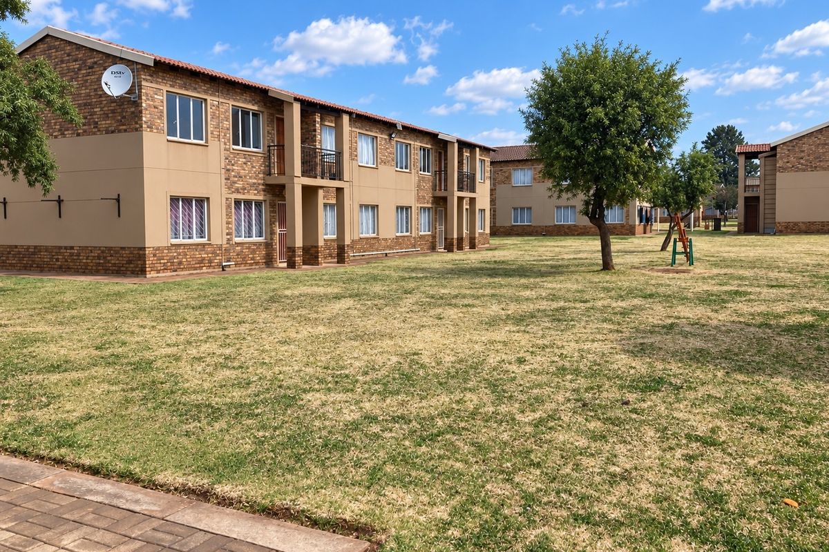 Exterior view of a multi-story apartment complex featuring brick facades, tiled roofs, and shared communal garden spaces with paved walkways.