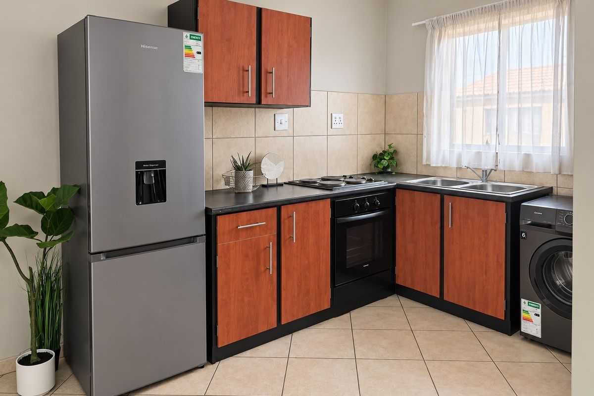 A functional kitchen featuring wood-finish cabinetry, dark countertops, ceramic tile backsplash, built-in oven, hob, and dedicated space for laundry appliances.