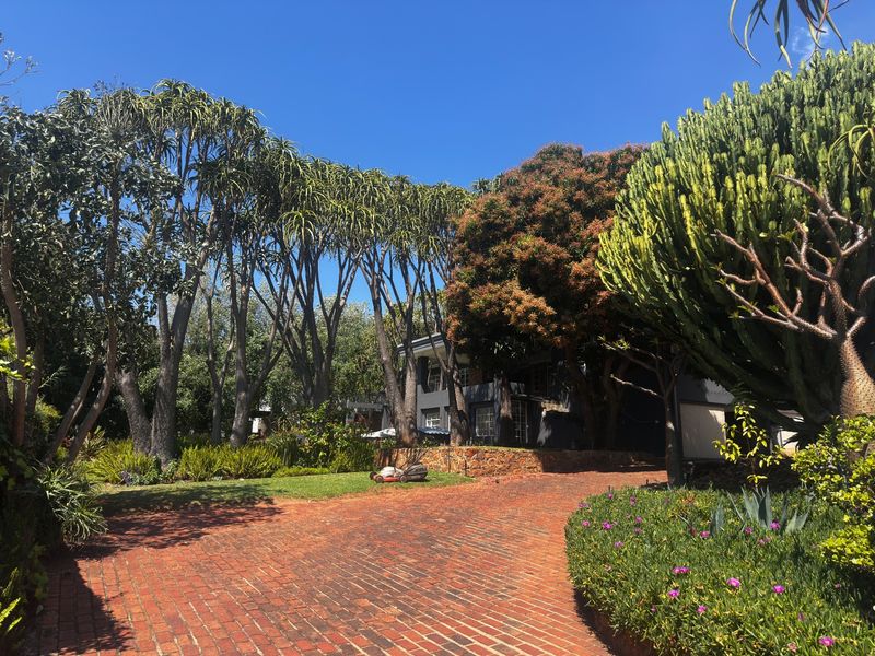 A well-maintained front exterior featuring a brick paved driveway, mature trees, and established garden landscaping leading to the main residence.