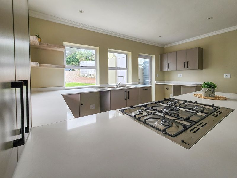 Modern kitchen featuring stone countertops, a built-in gas cooktop, ample cabinetry, and large windows providing natural light and garden views.
