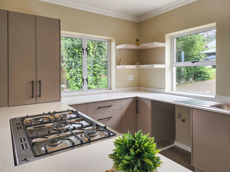 Modern kitchen featuring sleek taupe cabinetry, stone countertops, a built-in gas hob, and dual windows providing ample natural light and garden views.