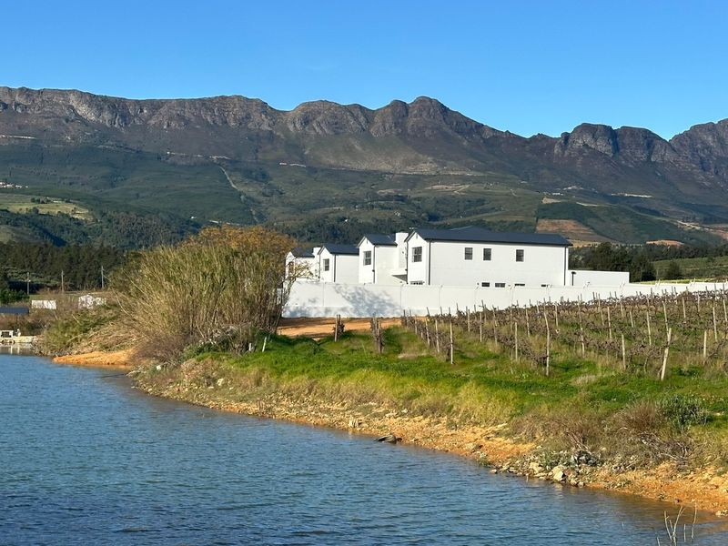 Scenic view of the property featuring a vineyard, dam, and mountain backdrop.