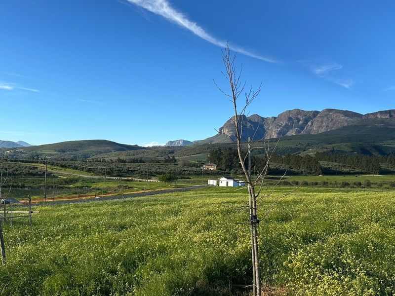 A scenic landscape view featuring open fields, rolling hills, and distant mountain ranges under a clear blue sky.