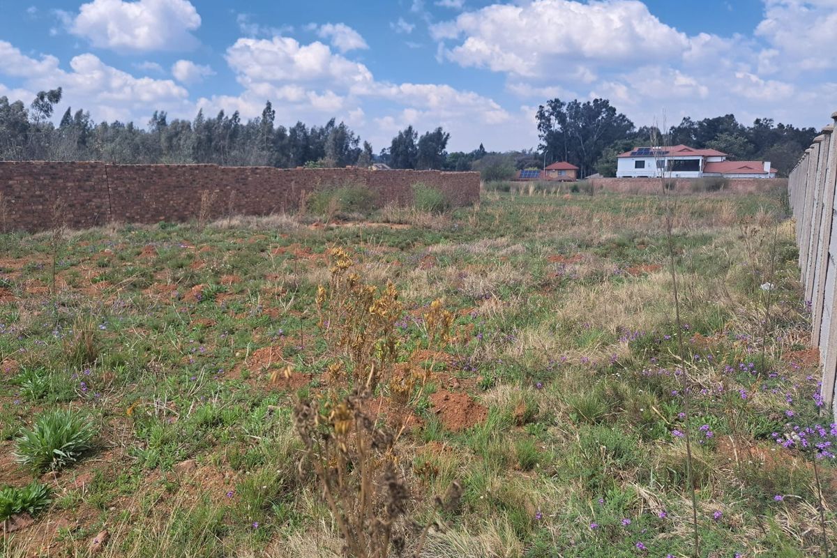 A vacant residential plot featuring natural vegetation, enclosed by a brick boundary wall on one side and a precast concrete wall on the other.