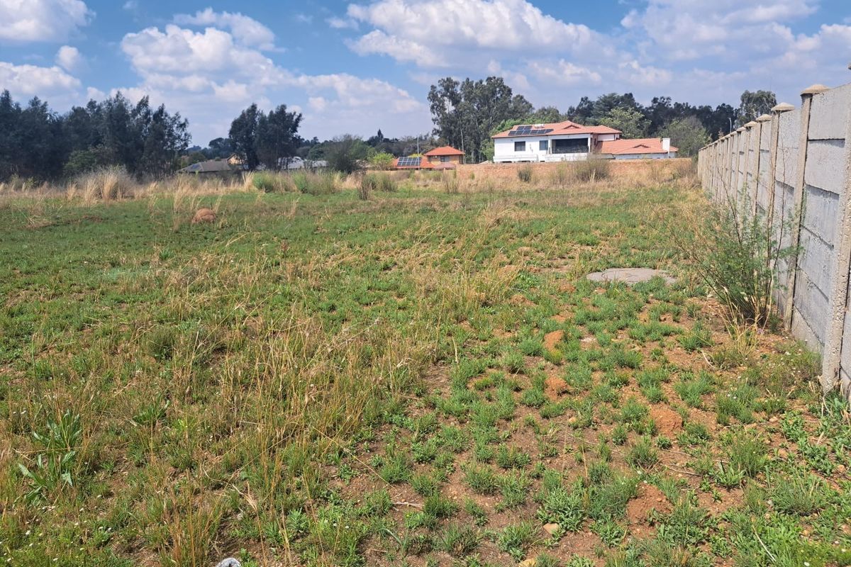 A view of a vacant residential plot featuring natural grass cover and a precast concrete boundary wall along the side perimeter.