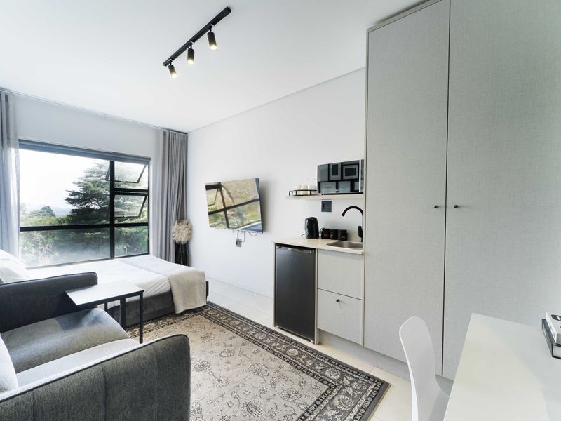 Modern open-plan studio apartment featuring a kitchenette, track lighting, and large windows with natural light and scenic views.