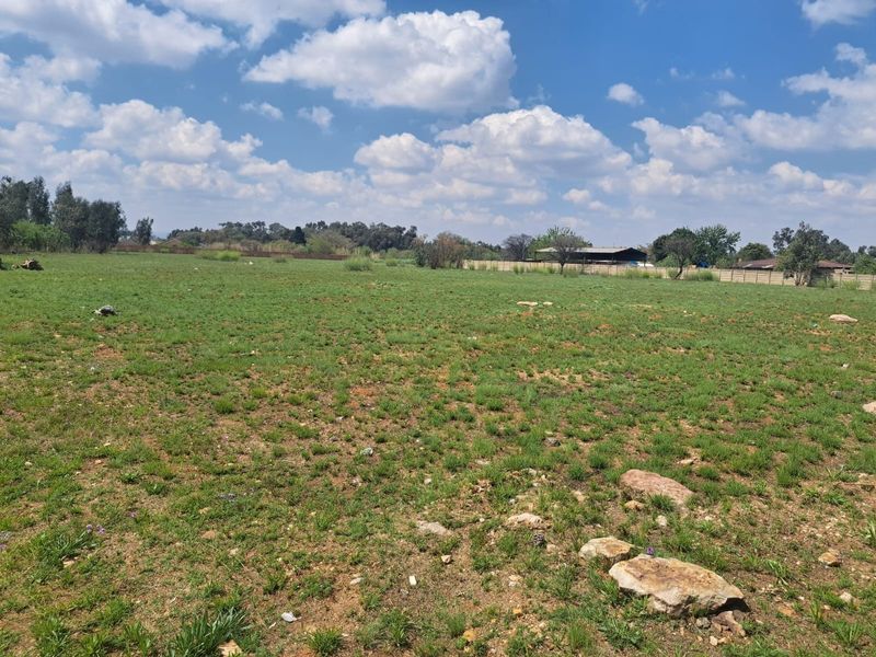 A wide-angle view of a vacant residential plot featuring open grassland and perimeter boundary walls under a clear blue sky.