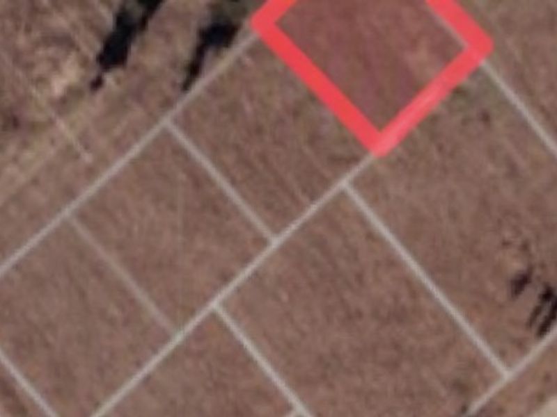 An aerial view of a vacant residential plot with property boundaries highlighted.
