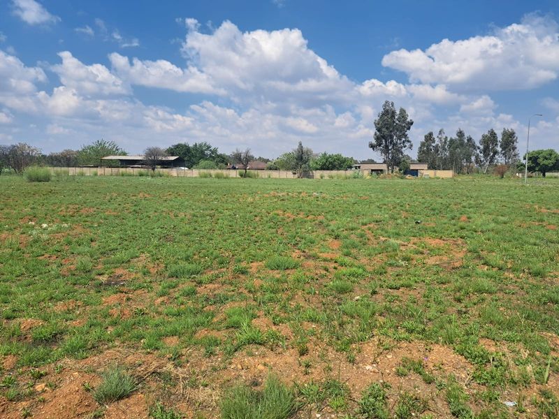 A wide-angle view of a vacant residential plot featuring open grassland and a perimeter wall in the background.